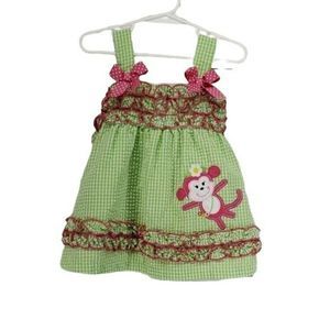 Rare Editions Girls Green Gingham Monkey Animal Print Ruffle Bow Dress 24 Months